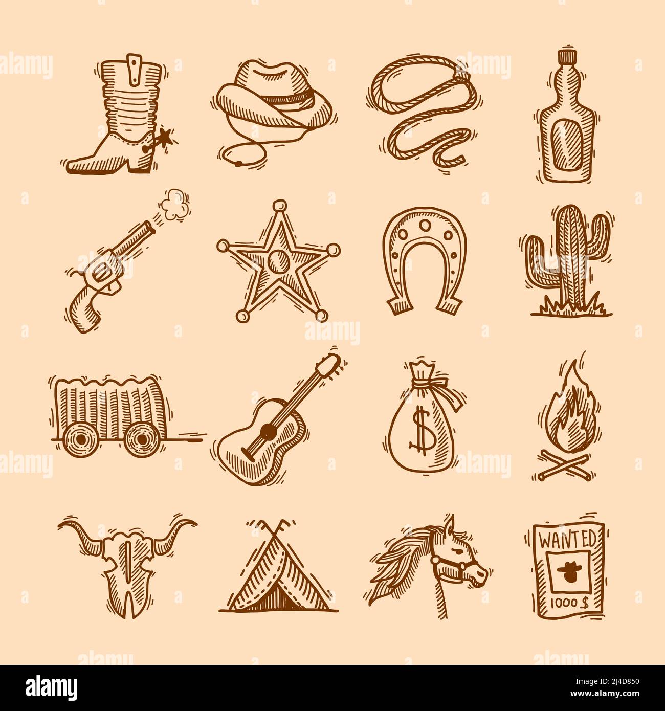Wild West Cowboy handgezeichnetes Set mit Sattel Sheriff Abzeichen Horseshoe isolierte Vektor-Illustration Stock Vektor