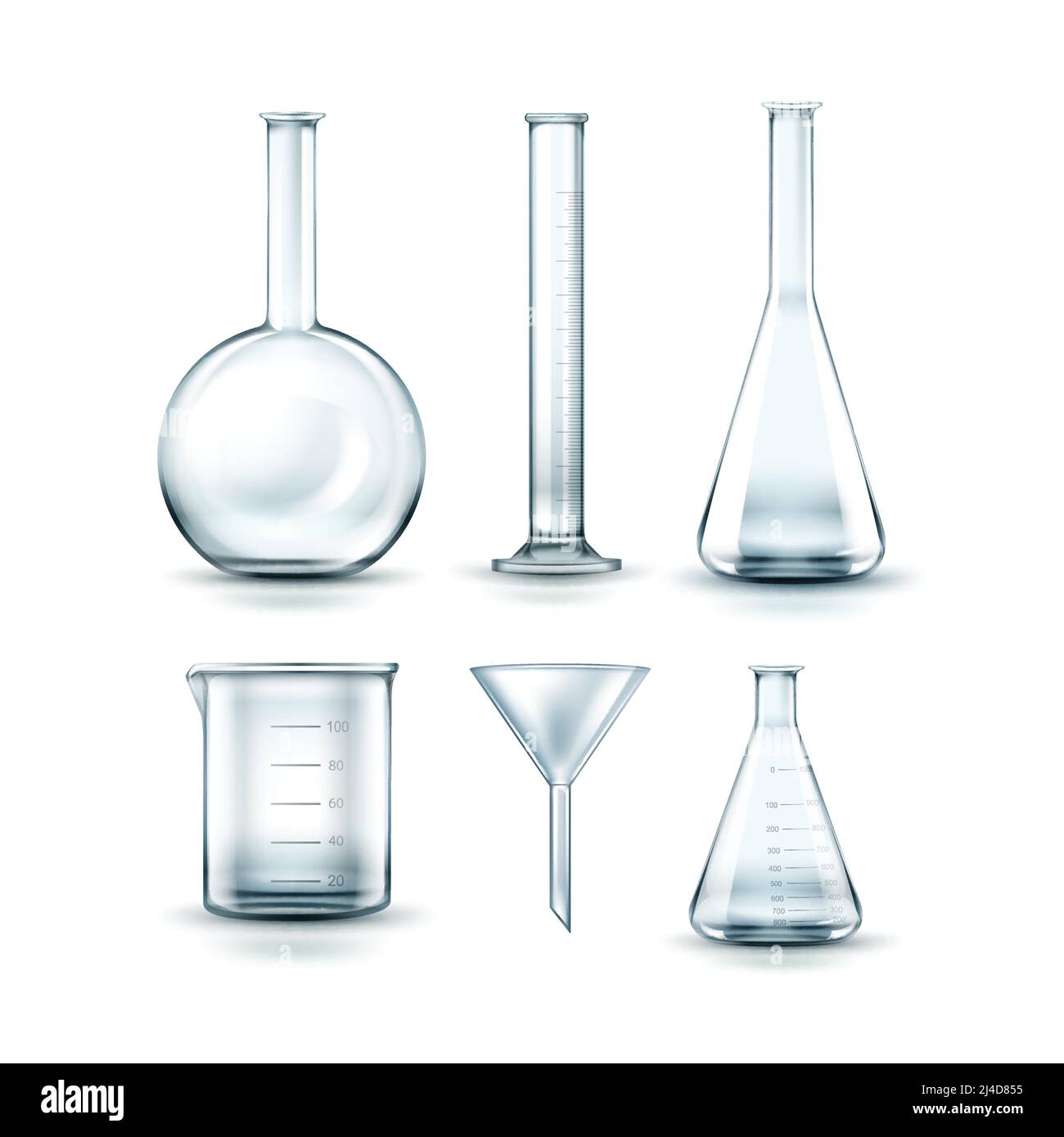 Vektor-Set von leeren transparenten Glas chemischen Laborflaschen, Trichter und Reagenzglas isoliert auf Hintergrund Stock Vektor