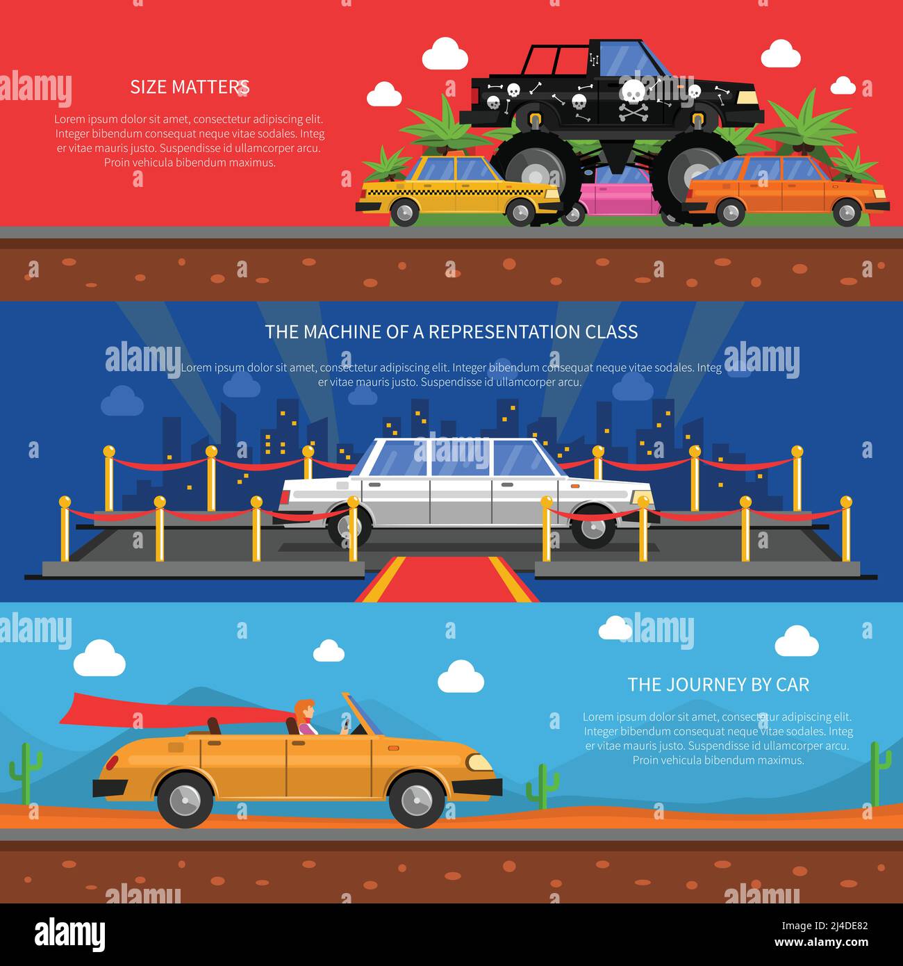 Cars horizontale Banner mit Darstellung Klasse Autos und Reise gesetzt Durch Auto Symbole flach isoliert Vektor-Illustration Stock Vektor