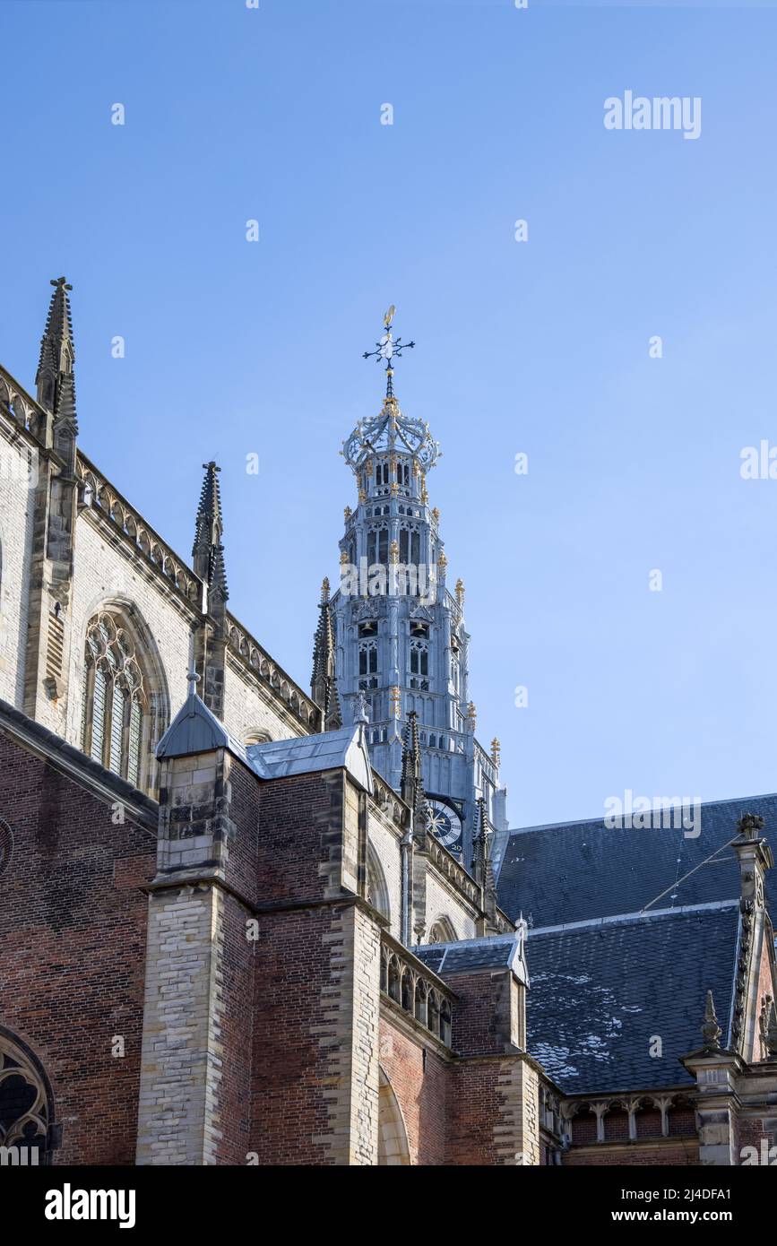 Die dominante St. bavo Kirche neben dem Marktplatz mit einem prunkvollen Uhrenturm in haarlem holland Stockfoto