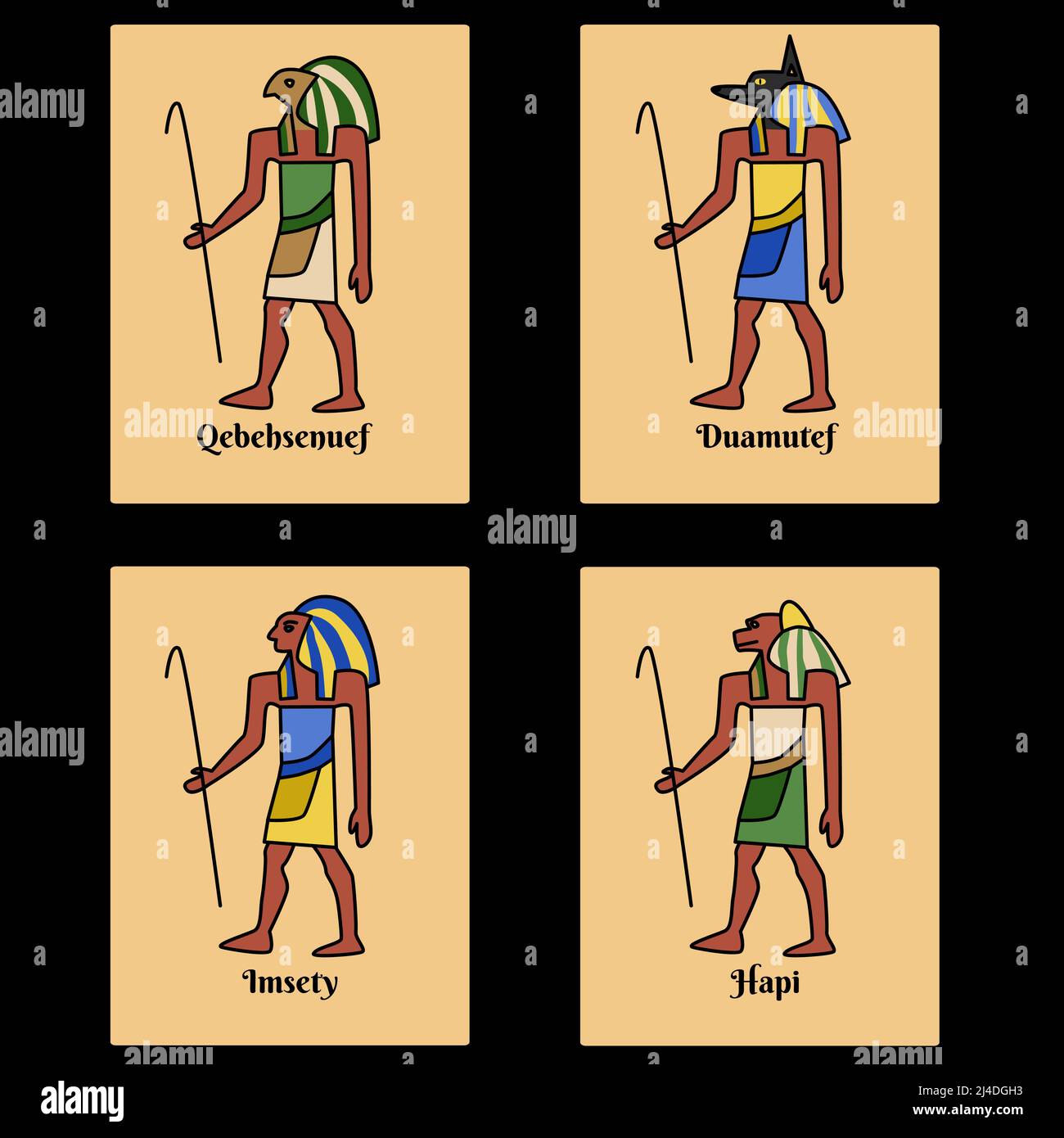 Alte Ägypten Karten gesetzt, gott Horus Söhne stilisierte Bilder und Namen Skript. Vier Götter Schakal, Falke, Mensch, Cynocephalus. Kanopiegläser Wächter Vektor i Stock Vektor