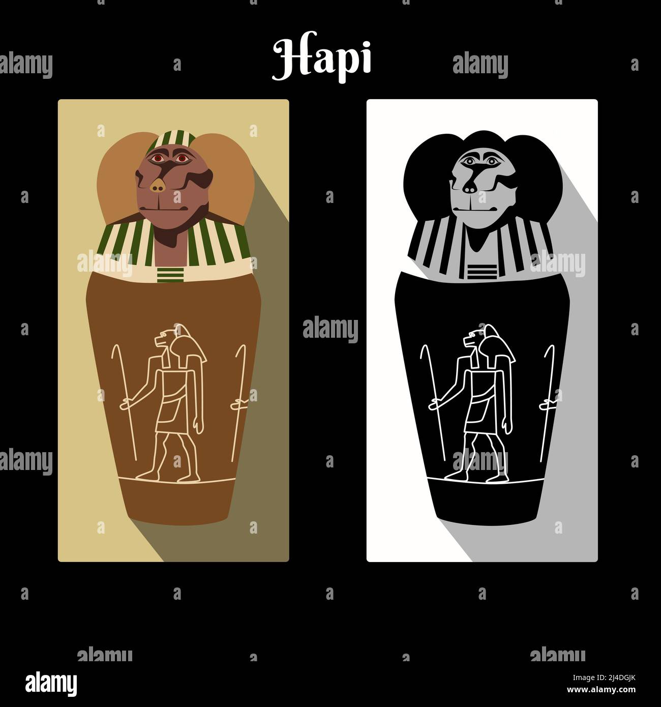 Altes Ägypten Kanopische Glas mit gott Horus Sohn Hapi Kopf oben und Namensschrift. Götter cynocepals jar Farbe und schwarz weiße Karte. Canopische Gläser Wächter Vektor-Illustration Stock Vektor