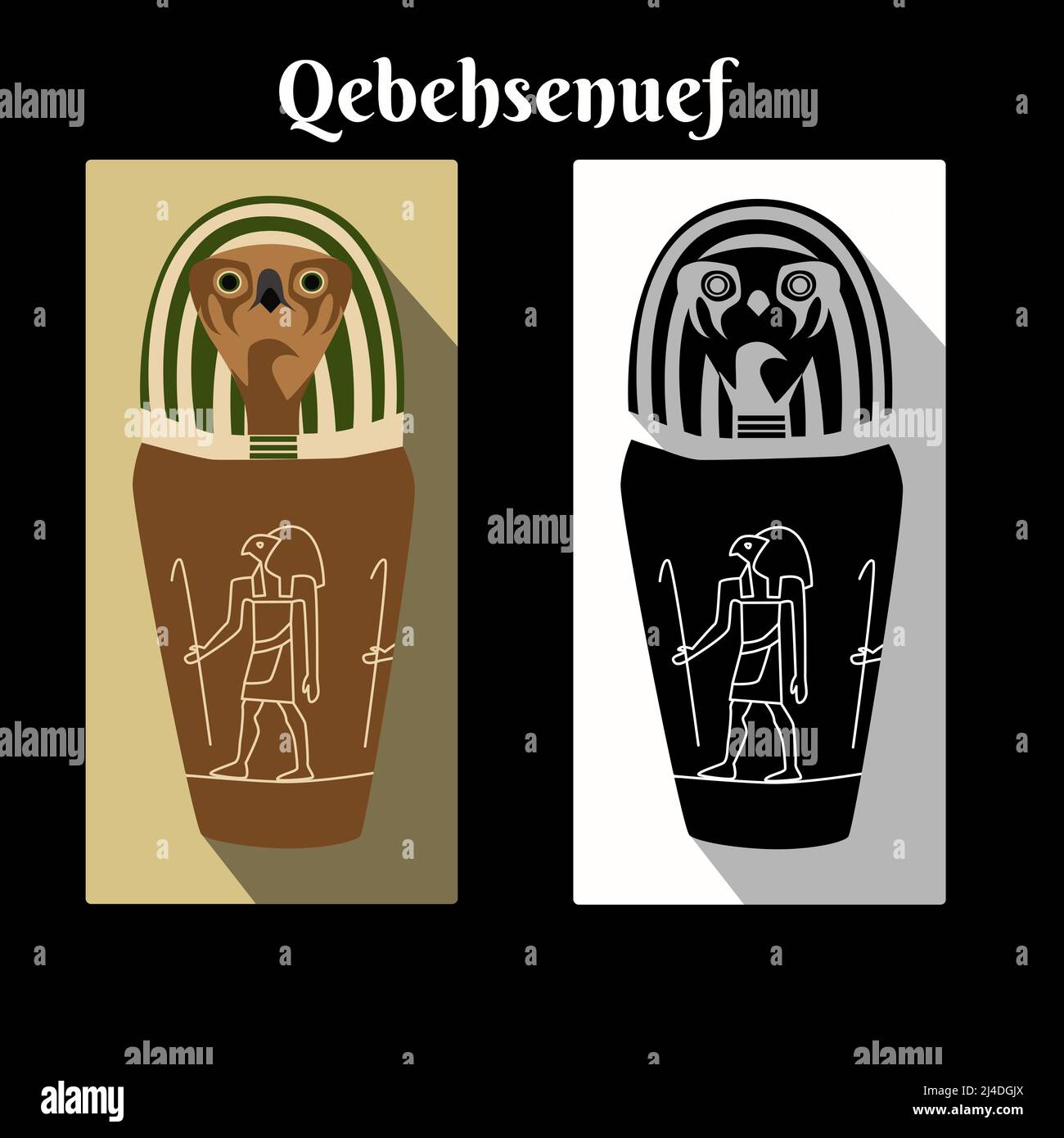 Altes Ägypten Kanopische Glas mit gott Horus Sohn Qebeksenuef Kopfkappe und Namensschrift. Gods Falcon jar Farbe und schwarz weiße Karte. Canopische Gläser Wächter Vektor-Illustration Stock Vektor