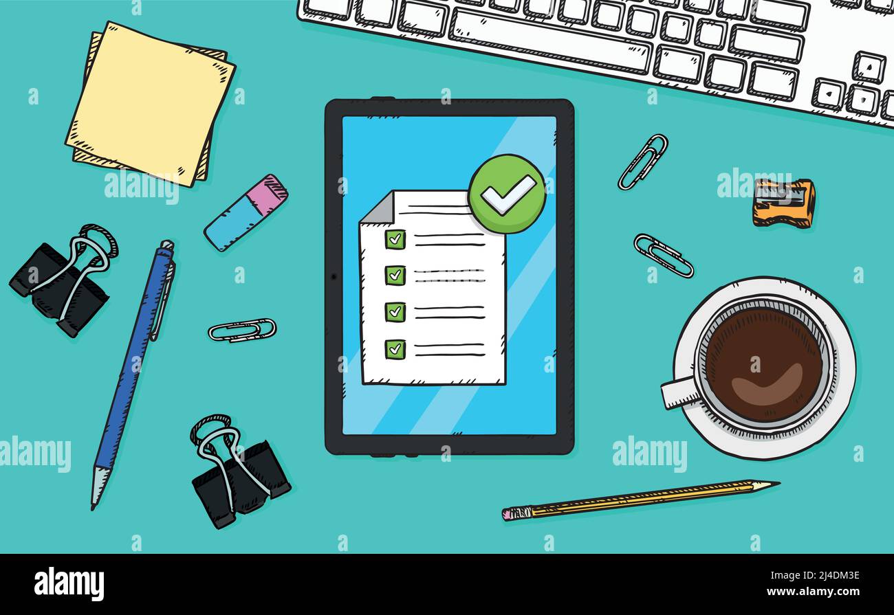 Handgezeichnete Doodle-Vektor-Illustration eines Tablets mit Checkliste auf dem Bildschirm. Stock Vektor