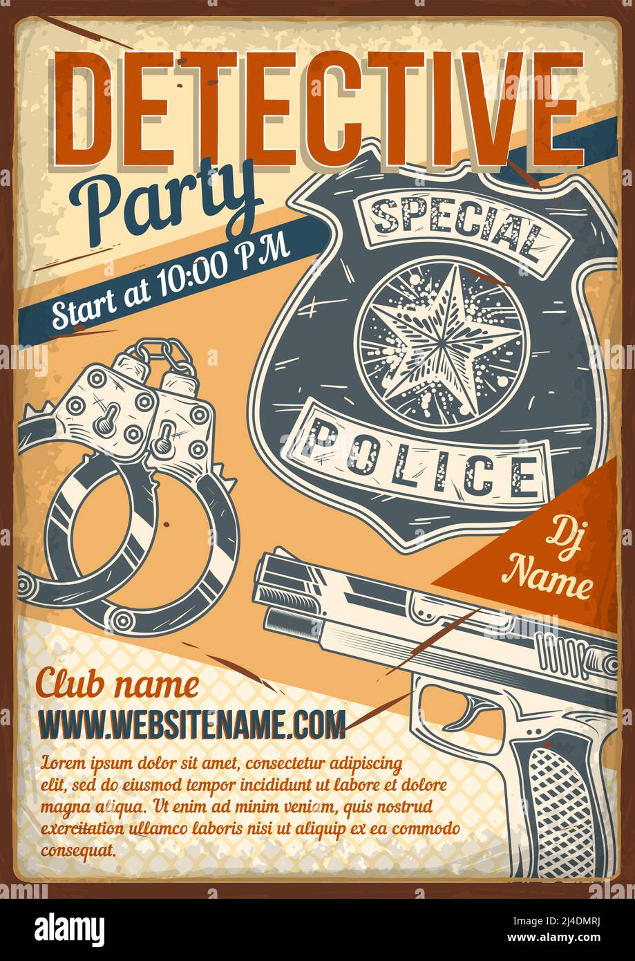 Werbeplakat-Design mit Illustration von Detektivhandschellen, Pistole, Abzeichen auf Vintage-Hintergrund. Stock Vektor
