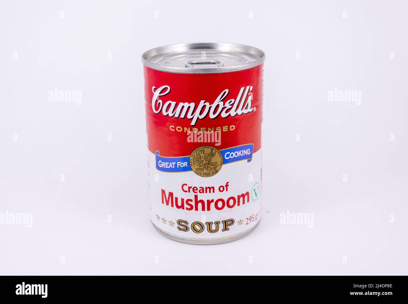 Nahaufnahme einer Dose Campbells Cream of Mushroom Suppe, Surrey, England, Vereinigtes Königreich Stockfoto