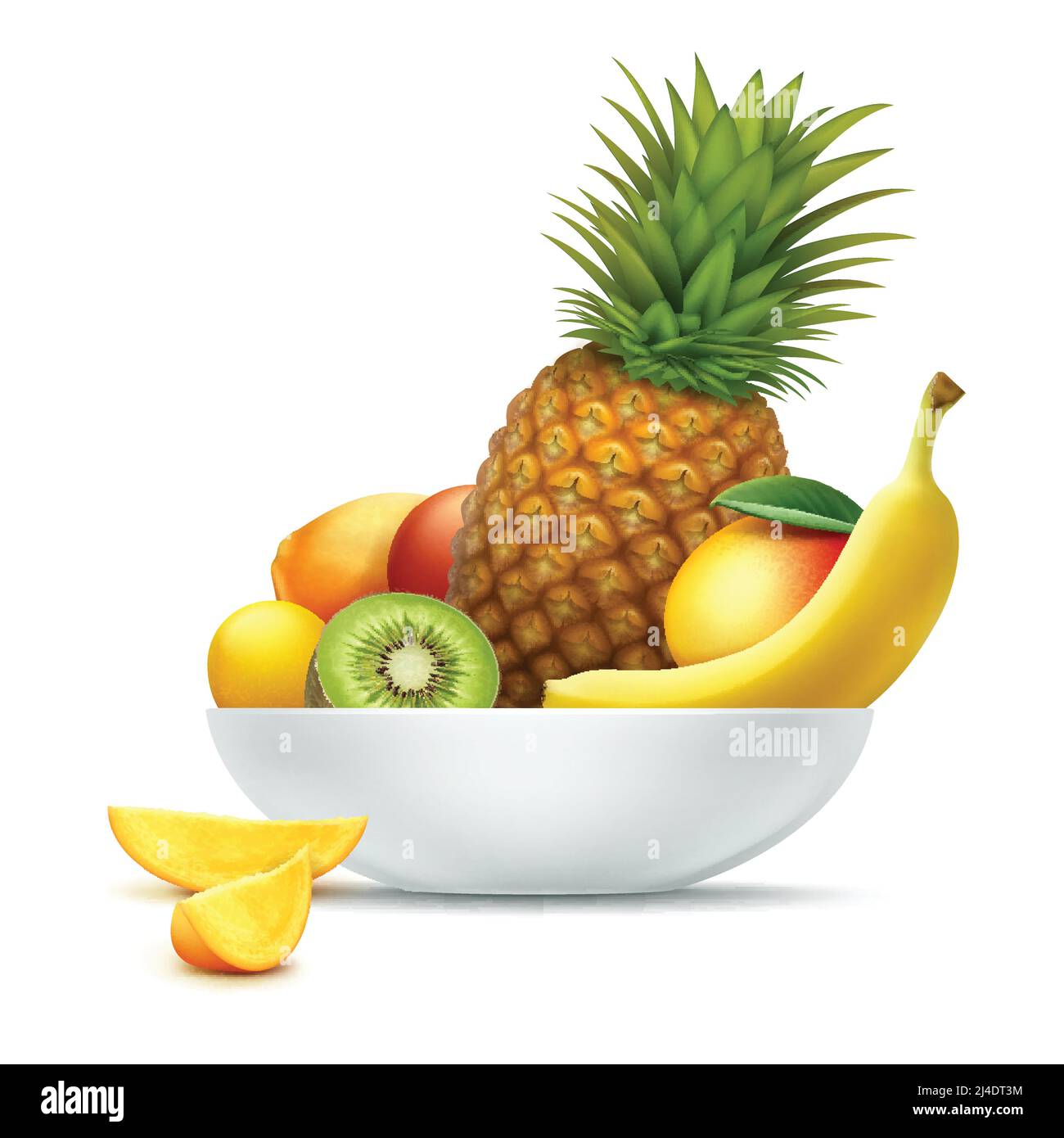 Vector Teller voll von tropischen Früchten Ananas, Kiwi, Mango, Papaya, Banane isoliert auf weißem Hintergrund Stock Vektor