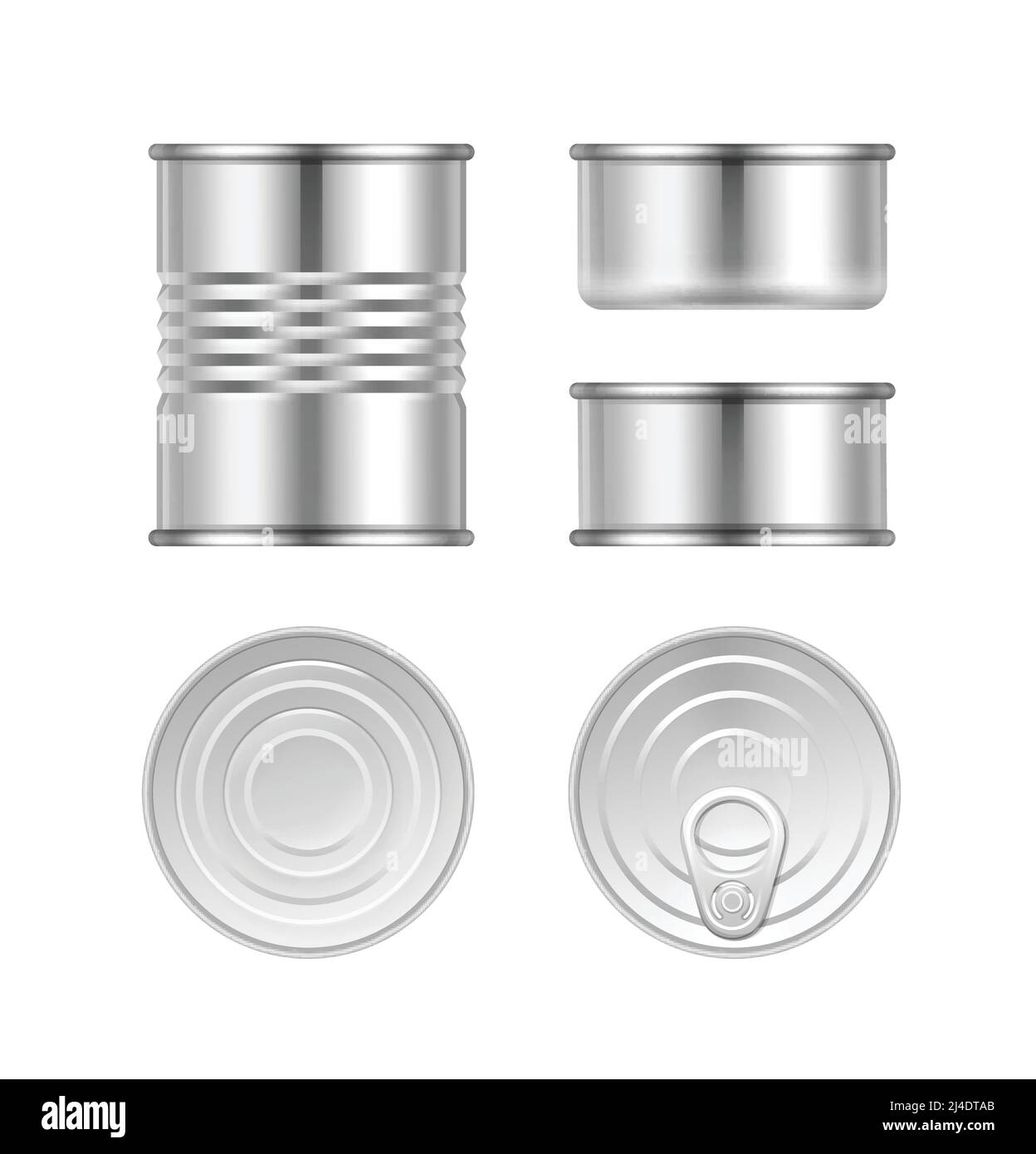 Vector Set aus verschiedenen Blechdosen aus Stahl oben und seitlich Ansicht isoliert auf weißem Hintergrund Stock Vektor