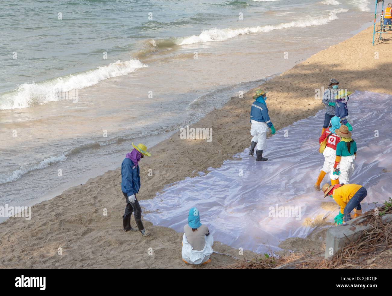 Freiwillige, die die Küste von den Ölpest-Vorfällen in Rayong Beach säubern. Stockfoto
