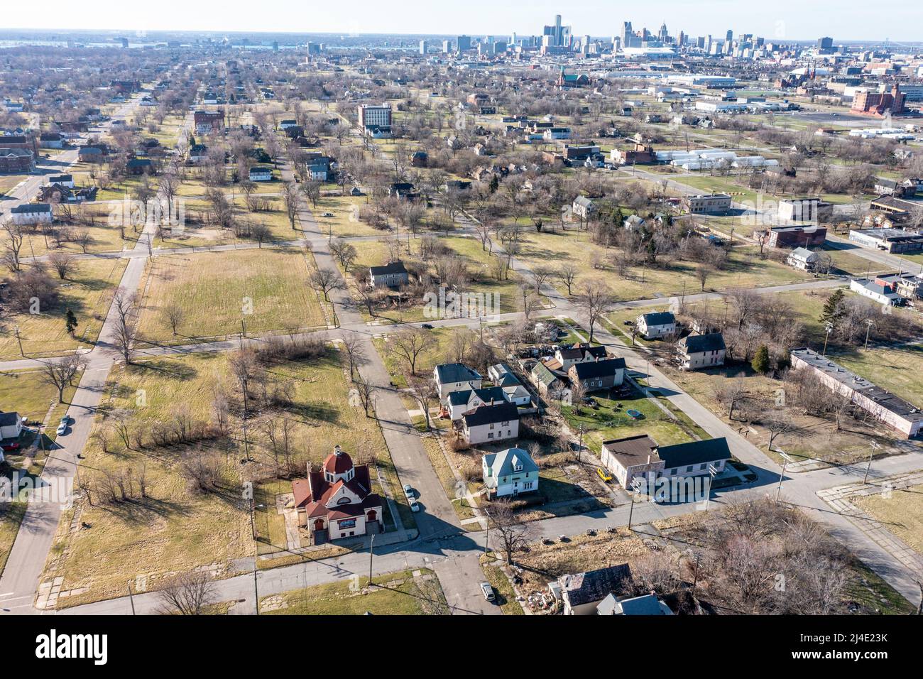 Fehlende Häuser, Poletown East Nachbarschaft, Detroit, MI, USA Stockfoto