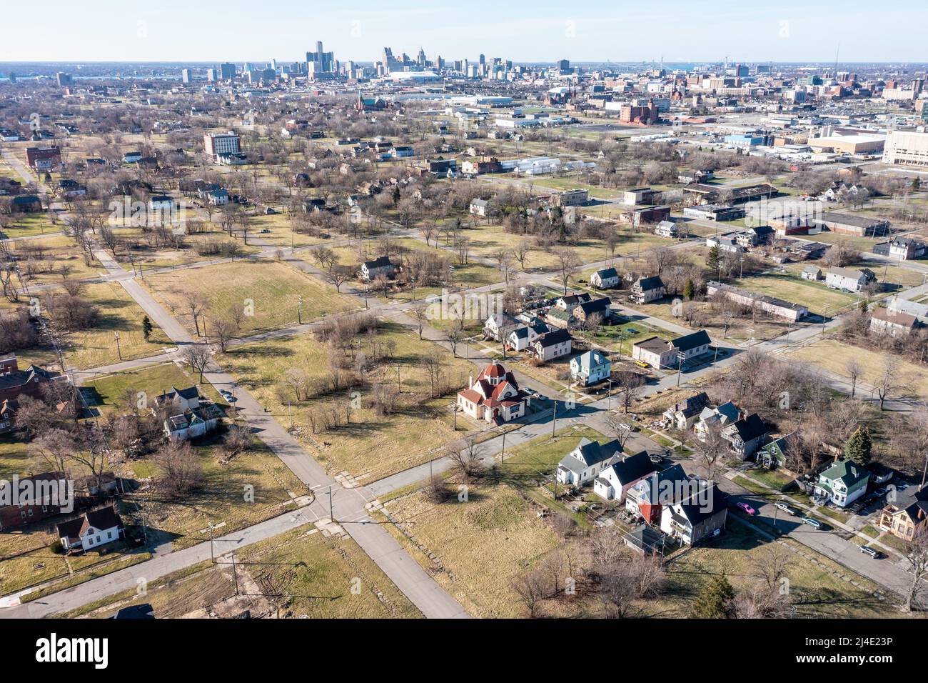 Fehlende Häuser, Poletown East Nachbarschaft, Detroit, MI, USA Stockfoto