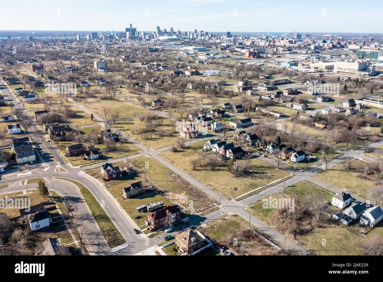 Fehlende Häuser, Poletown East Nachbarschaft, Detroit, MI, USA Stockfoto