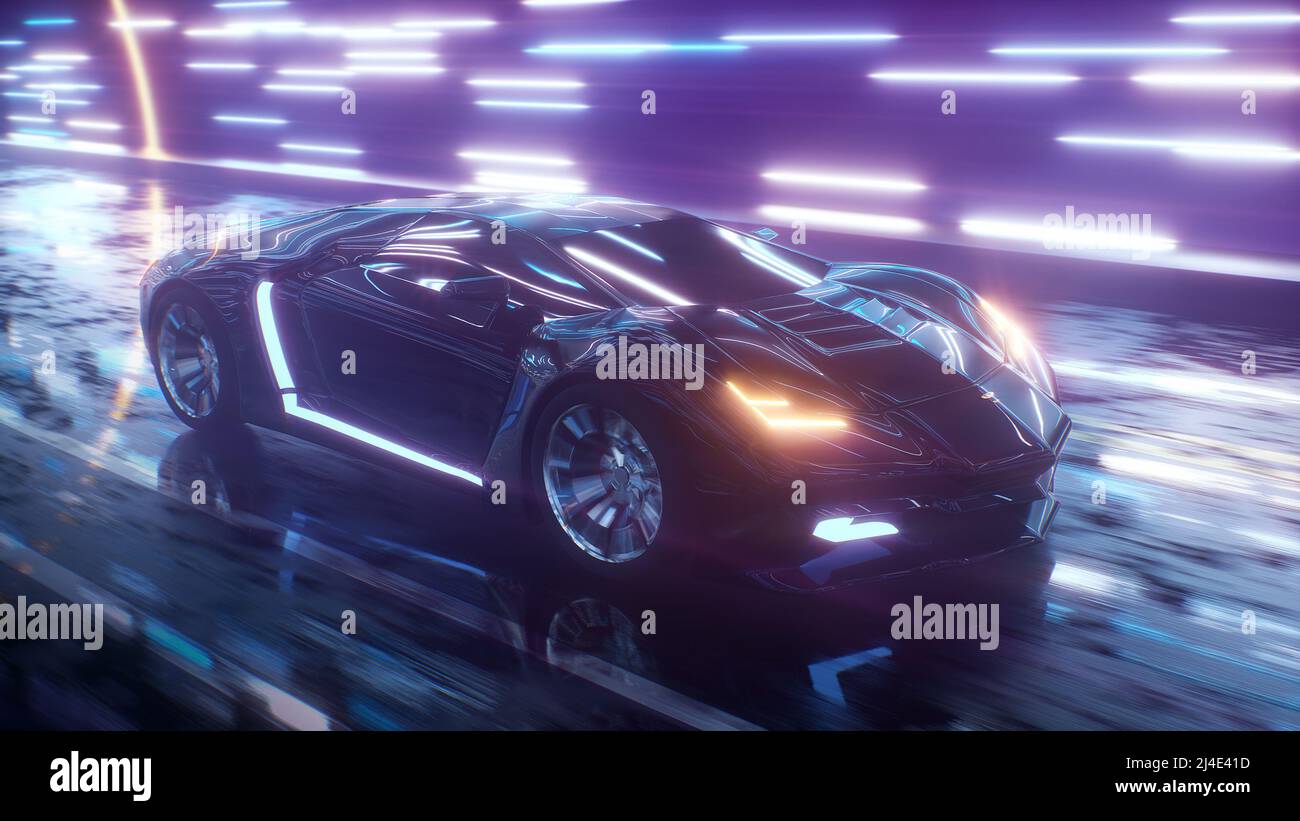 Futuristische Sportwagen High-Speed-Laufwerk mit Neon-Hintergrund. Stockfoto