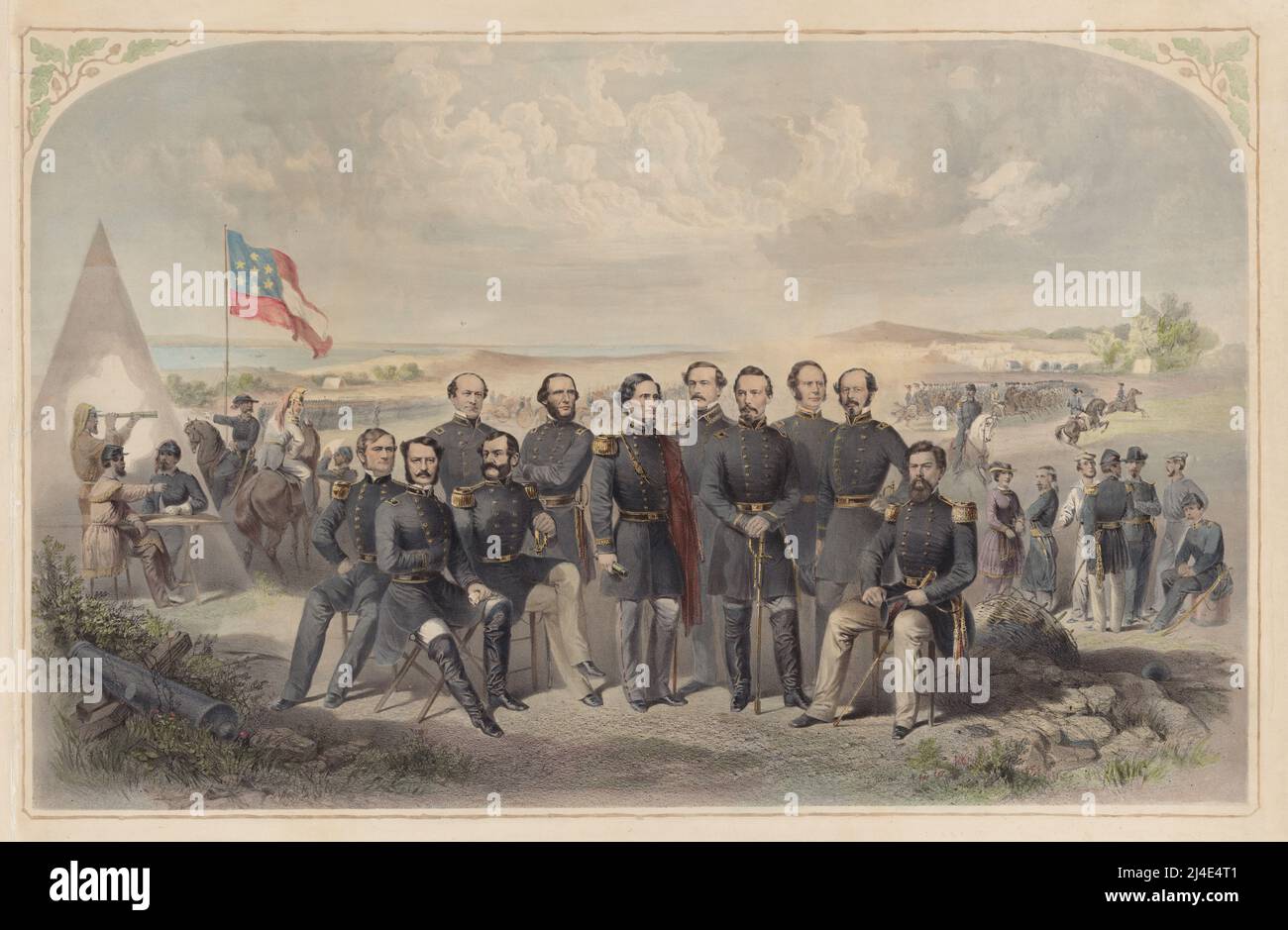 Jefferson Davis und seine Generäle. 1861 Lithographie von Goupil Lithography Company. Stockfoto