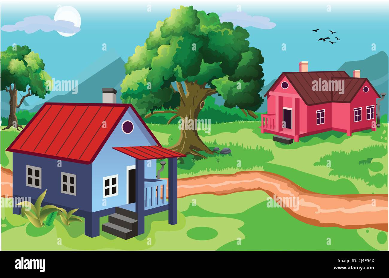 Natürliche Dorfstadt mit zwei modernen Häusern, Bäumen, Berg, Sonne, Himmel, Wolken, Vögel, Straße und grünes Gras Cartoon Hintergrund. Stock Vektor