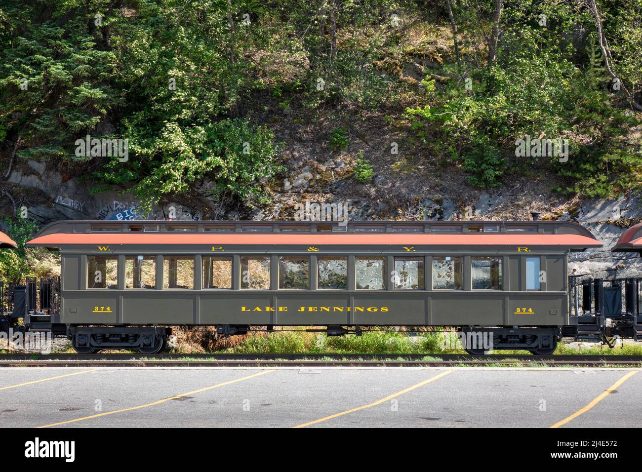 Historischer Eisenbahnwagen 'Lake Jennings' White Pass Yukon Route Railway Historischer Touristenzug Touren Personenzug Skagway Alaska Stockfoto