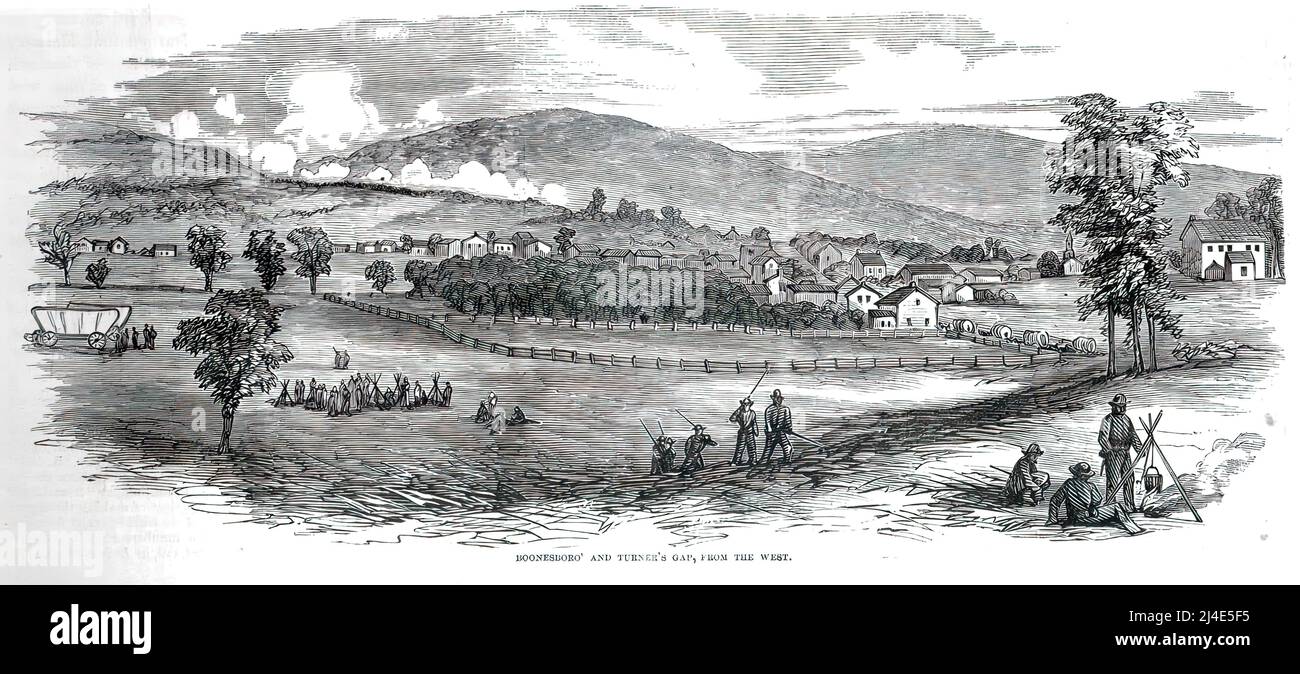 Boonsboro und Turner's Gap, von Westen aus gesehen. Ort der Schlacht am South Mountain im amerikanischen Bürgerkrieg. 19.-Jahrhundert-Illustration. Stockfoto