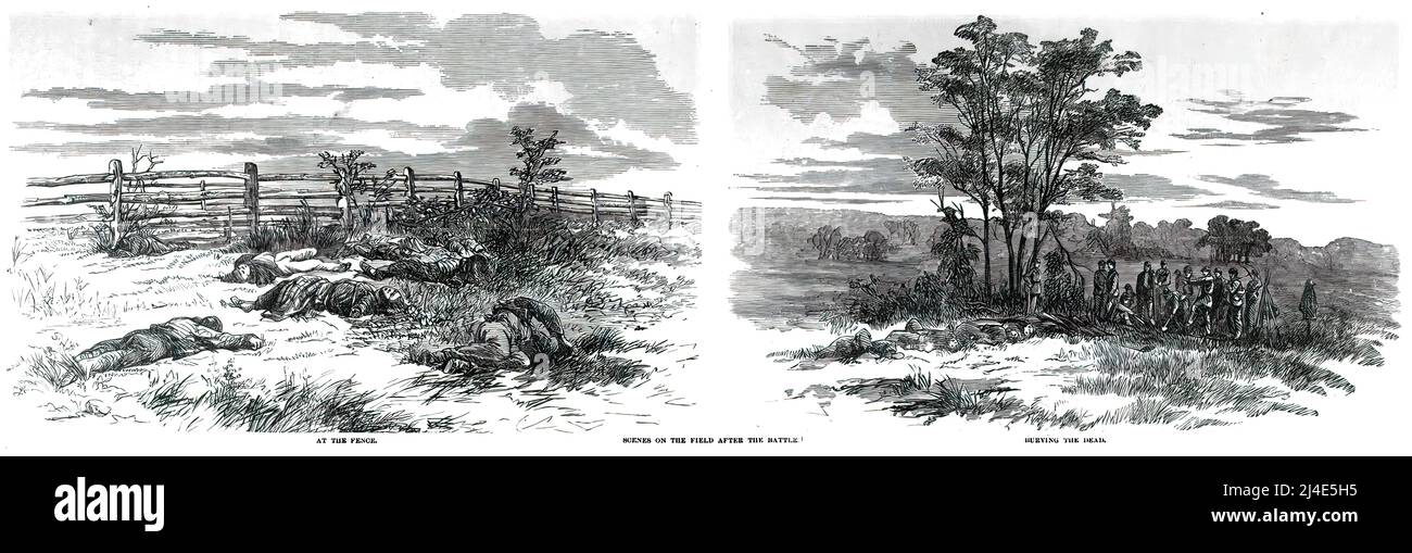 Szenen auf dem Feld nach der Schlacht von Antietam im amerikanischen Bürgerkrieg, Leichen am Zaun und das Vergraben der Toten. 19.-Jahrhundert-Illustration. Stockfoto
