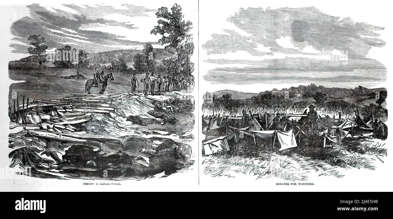 Hinter einem Brustwerk und Schutz für Verwundete in der Schlacht von Antietam im amerikanischen Bürgerkrieg. 19.-Jahrhundert-Illustration. Stockfoto