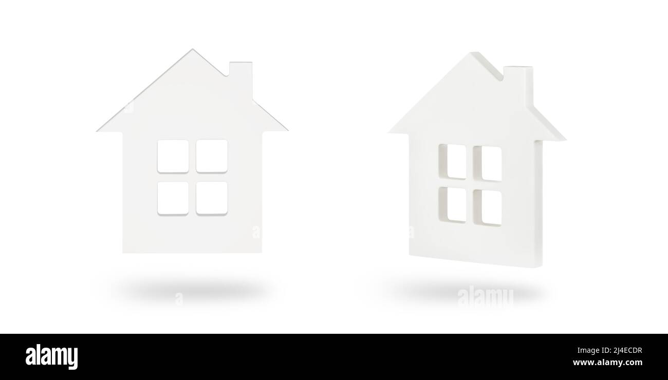 Haus-Modell-Set isoliert auf weißem Hintergrund. Ein weißes, isoliertes Haus mit einem Fenster wirft einen Schatten auf einen weißen Hintergrund. Um in ein Projekt oder einzufügen Stockfoto