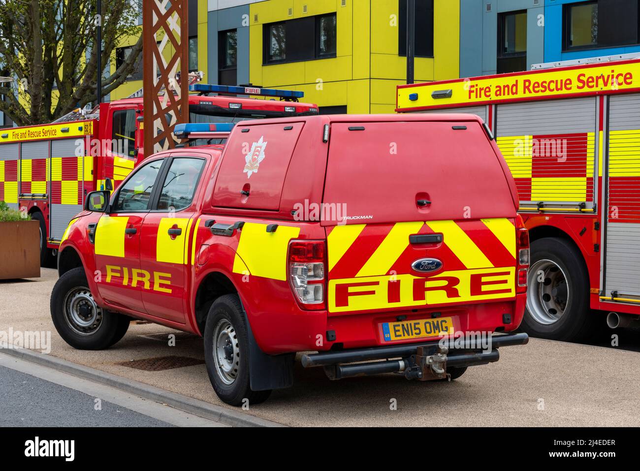 Ford Ranger Feuerwehrfahrzeug, verwendet von der Essex County Fire & Rescue Service Urban Search & Rescue Unit. Teilnahme an einer Trainingsübung in Southend Stockfoto