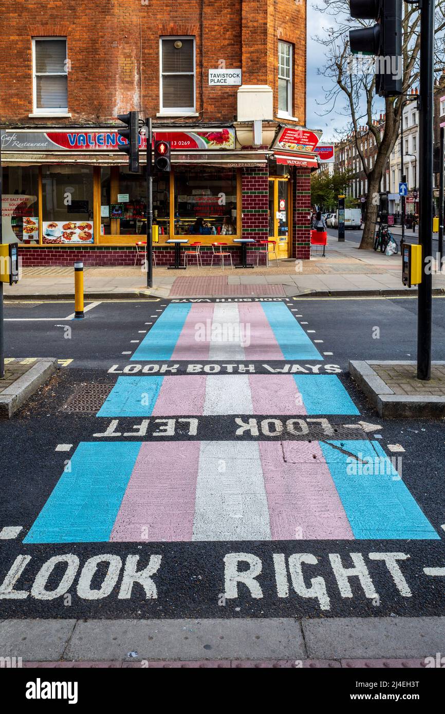 Trans Road Crossing auf der Marchmont Street, Bloomsbury London. Der Straßenübergang in den Farben der Trans-Flagge wurde im November 2021 enthüllt. Stockfoto