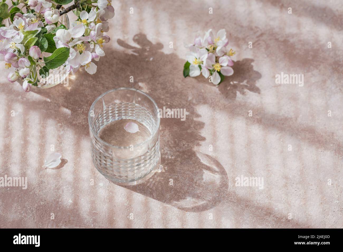 Glas Wasser auf dem Tisch mit blühendem Apfelbaum-Ast in einem Glas Stockfoto