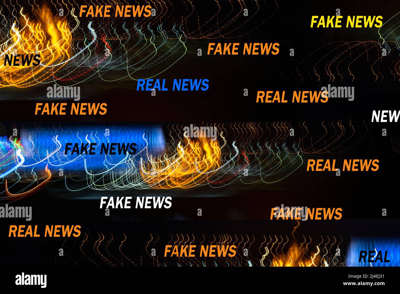 Abstrakte Illustration mit hellen Streifen und Flecken und Inschriften: FAKE NEWS und REAL NEWS Stockfoto Abstrakte Illustration mit hellen Streifen und Flecken und Inschriften: FAKE NEWS und REAL NEWS Stockfoto