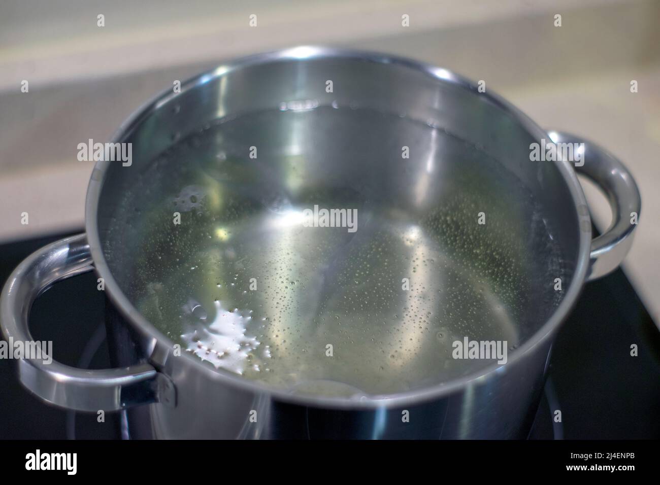 Edelstahlpfanne mit kochendem Öl, Vorbereitung zum Kochen, Kochen zu Hause. Induktionskochplatte. Elektrische Energiegeräte zu Hause. Strom Stockfoto