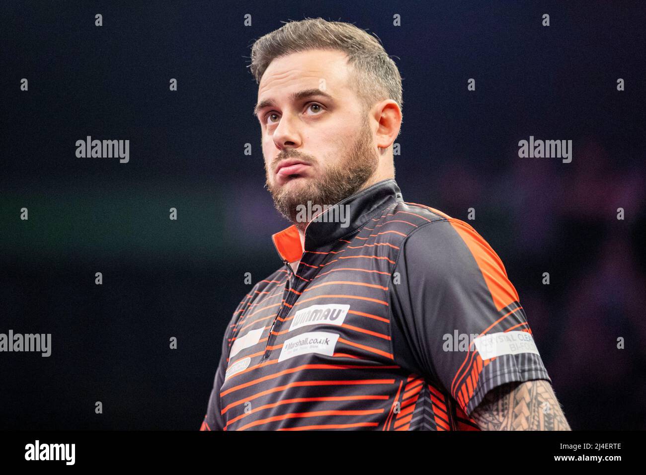 AO Arena, Manchester, Großbritannien. 14. April 2022. PDC Darts Turnier, Manchester; Joe Cullen während seines Finalspaziergangs gegen James Wade Credit: Action Plus Sports/Alamy Live News Stockfoto