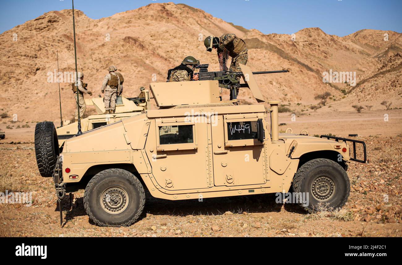 LAGERTITIN, Jordanien (14. März 2022) – Marineinfanteristen, die dem kombinierten Anti-Rüstung-Team (CAAT), 2. Bataillons, 24. Marineinfanteristen und Mitgliedern des Quick Reaction Force Bataillons 61. zugeordnet sind, Die King Abdullah II Special Forces Group feuert im Rahmen der Übung Intrepid Maven (im) 22-1 an Bord von Camp Titin, Jordanien, März 14, montierte M2A1-Maschinengewehre auf einen Live-Fire-Bereich der jordanischen Streitkräfte (JAF). BEI IM handelt es sich um eine bilaterale Serie von Aktivitäten zwischen US-Marine Corps, Central Command und der JAF, die eine Gelegenheit zum Austausch militärischer Taktiken und Fachwissen bietet. IM 22-1 ist das erste von mehreren geplanten Projekten Stockfoto