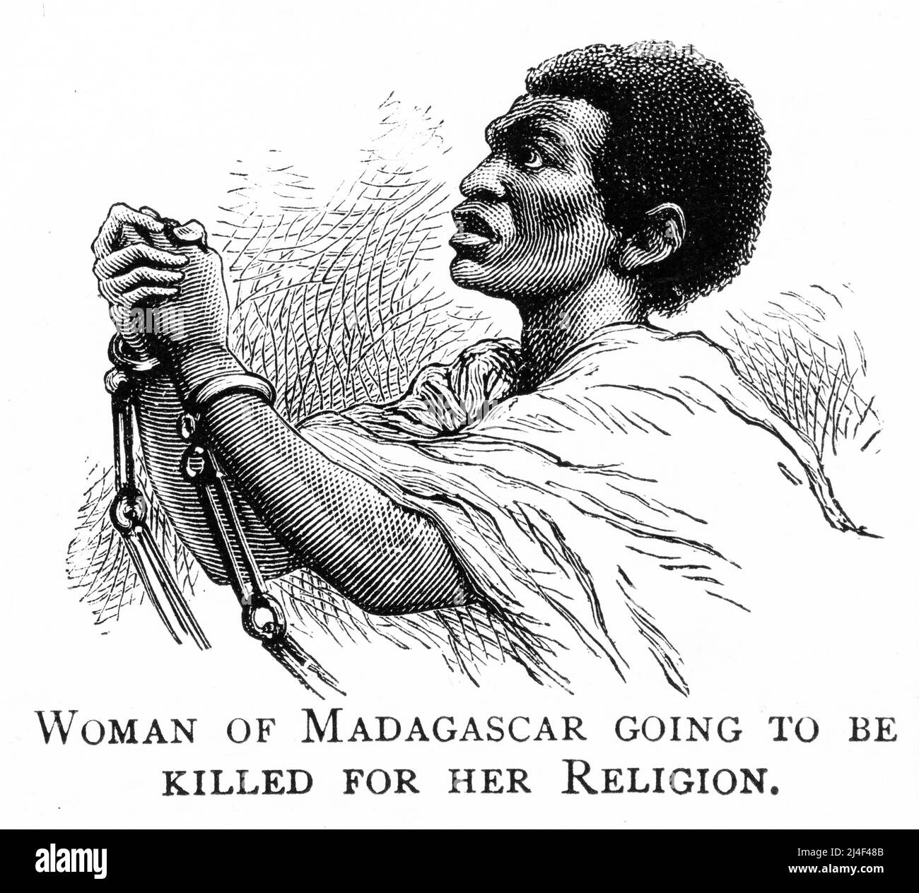 Stich einer Frau aus Madagaskar, die wegen ihrer Religion getötet werden soll. Aus der British Tract Society, um 1890 Stockfoto