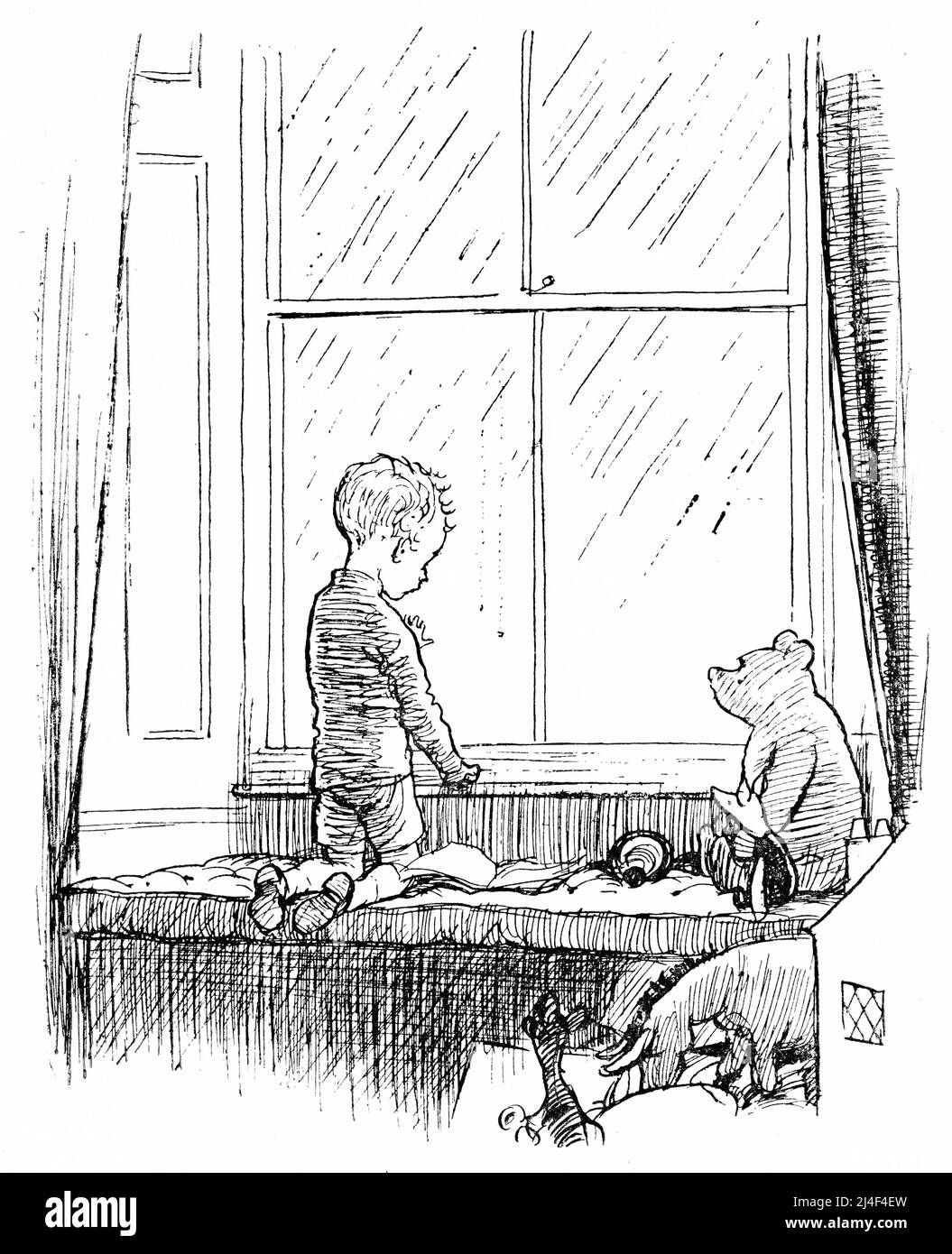 Illustration eines Jungen, der aus dem Fenster seines Hauses schaut Stockfoto