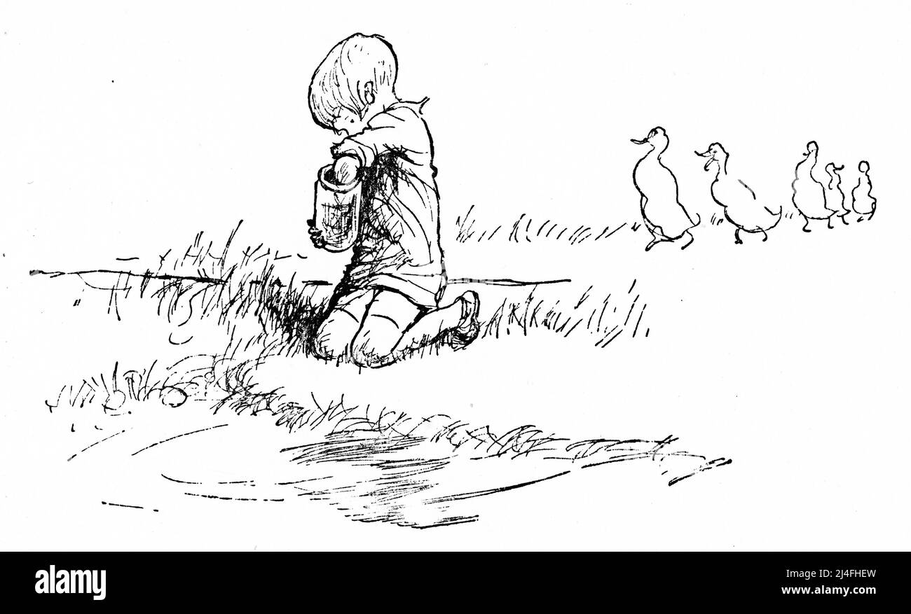 Illustration eines Jungen auf einer Fischerexpedition Stockfoto