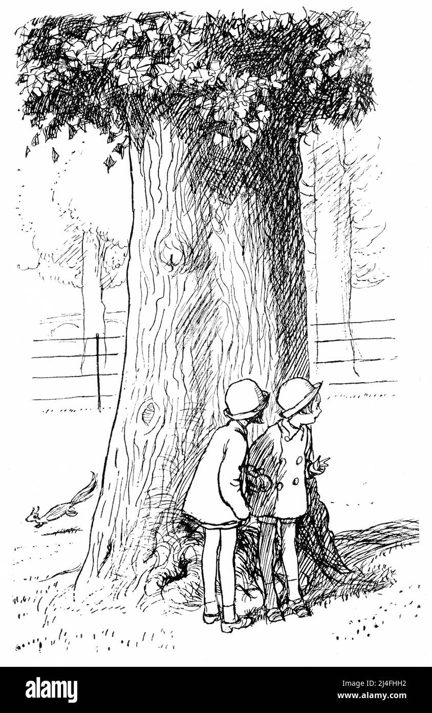 Illustration von zwei Mädchen in sehr kurzen Kleidern, die sich hinter einem Baum verstecken Stockfoto