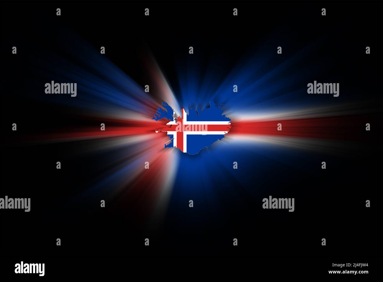 Landkarte von Island, auf schwarzem Hintergrund, Landkarte mit Flagge Stockfoto
