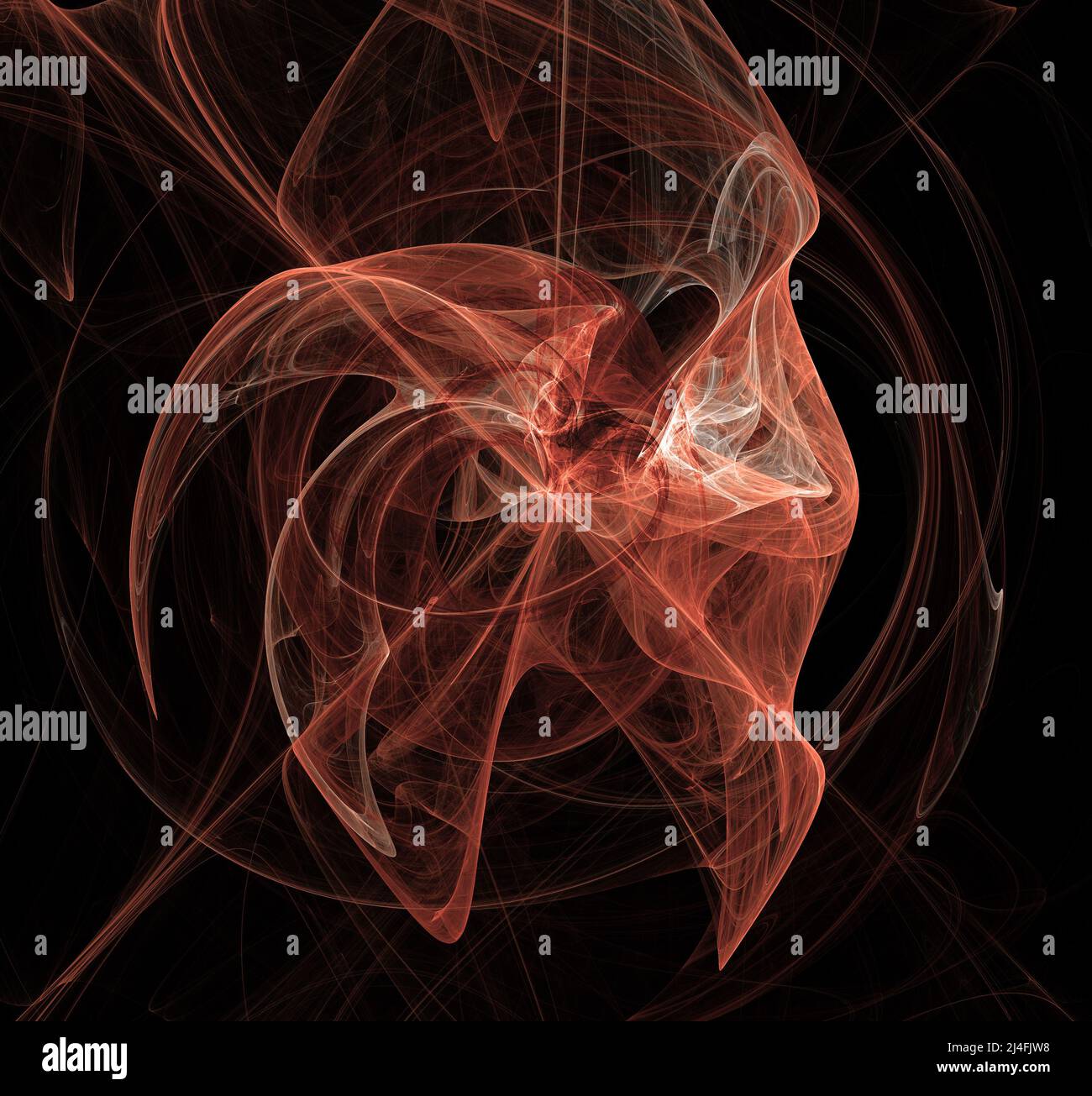 Rote Fäden, die in Kreisen um die Mitte angeordnet sind. Schwarzer Hintergrund Stockfoto