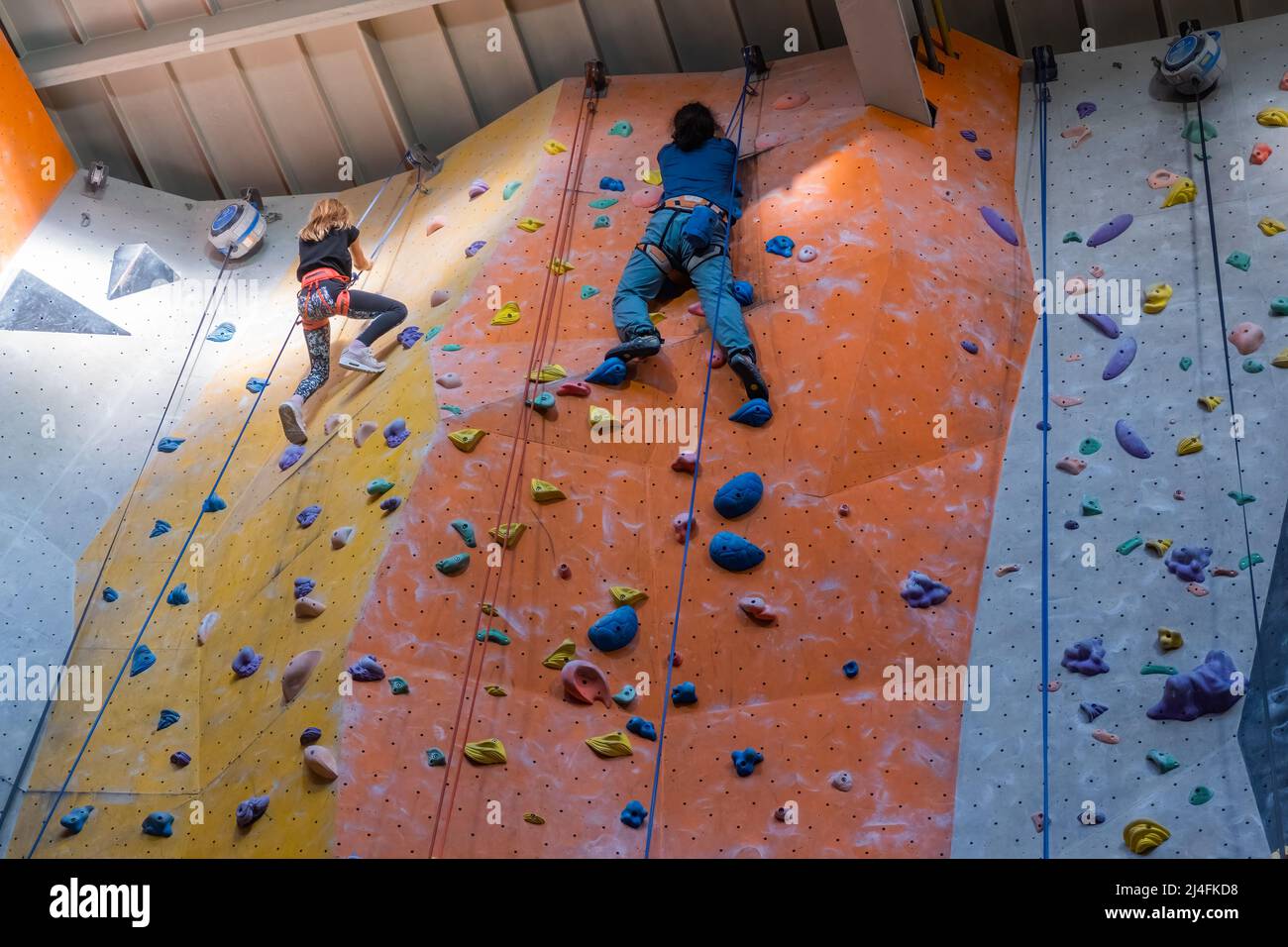Die Kletterer trainieren an der künstlichen Felswand mit Versicherung in der Boulderhalle, April 2022, Prag, Tschechische Republik. Stockfoto