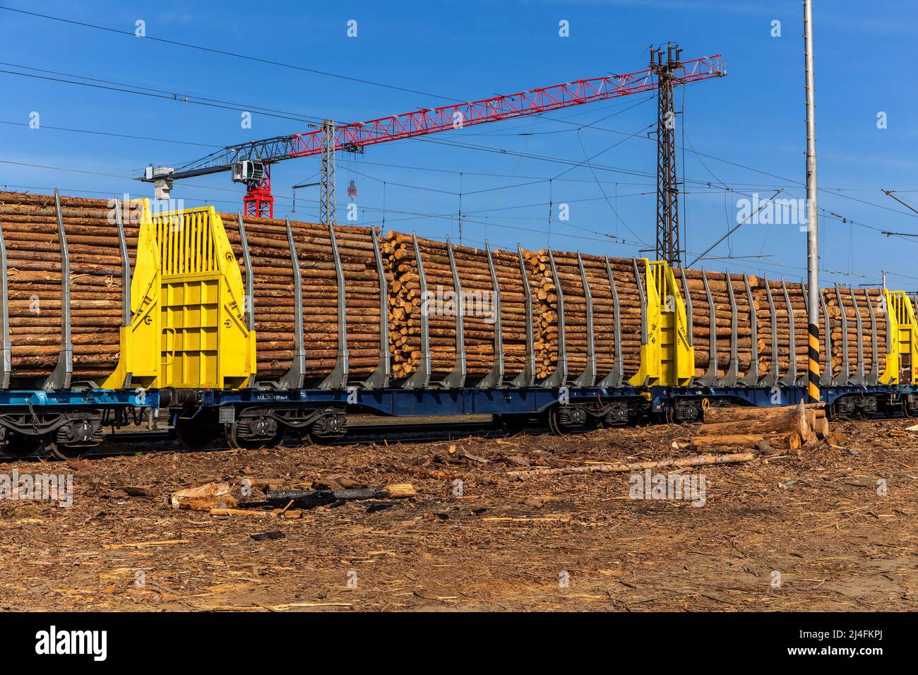 Mit Holz beladene Wagen in Tschechien. Holzhandel.Güterwagen mit Holz beladen. Transport von Holz auf der Schiene. Holztransport. Stockfoto