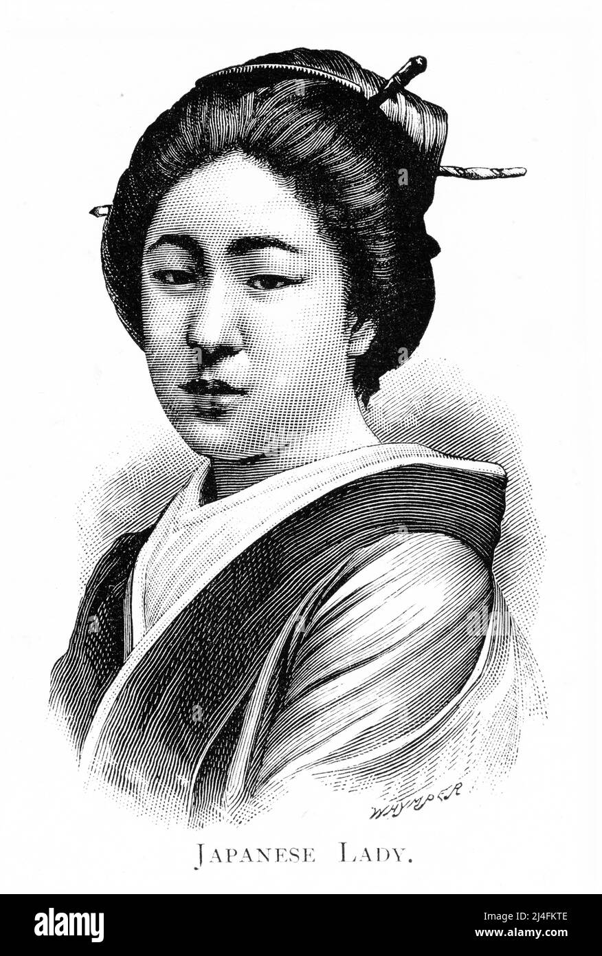 Stich einer Frau in traditioneller japanischer Kleidung, veröffentlicht um 1890 Stockfoto