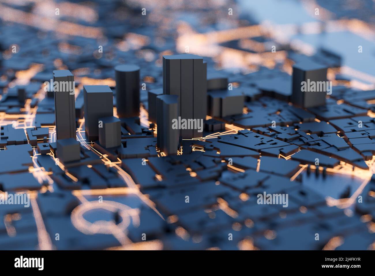 3D Techno Smart City. 5G und urbane Technologie. 3D Rendern. Stockfoto