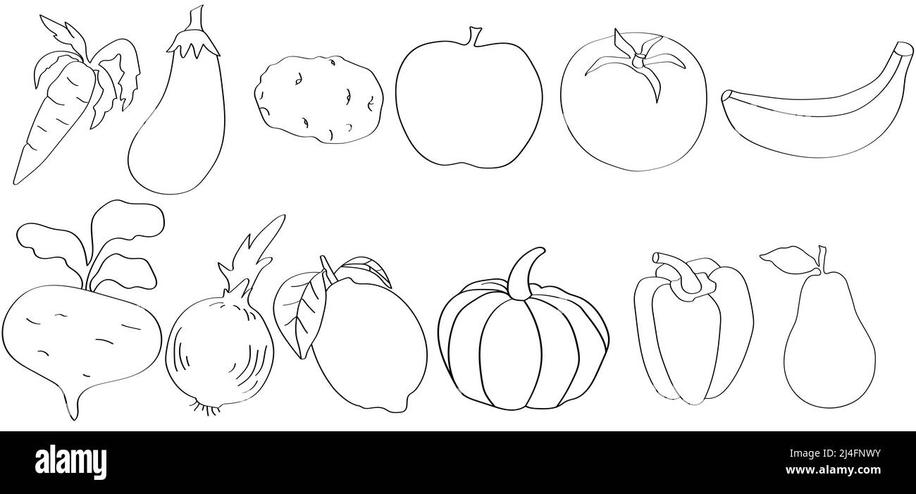 Schöne Cartoon-Gemüse und Früchte auf weißem Hintergrund für Pinsel-Konzept isoliert Stockfoto