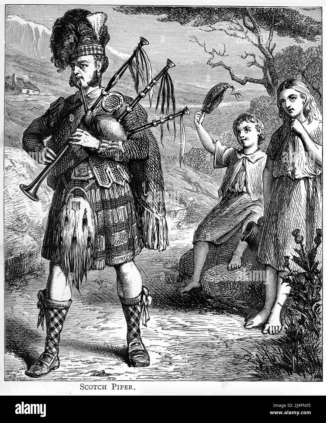 Stich eines schottischen Dudelsackbeutelers, um 1890 Stockfoto
