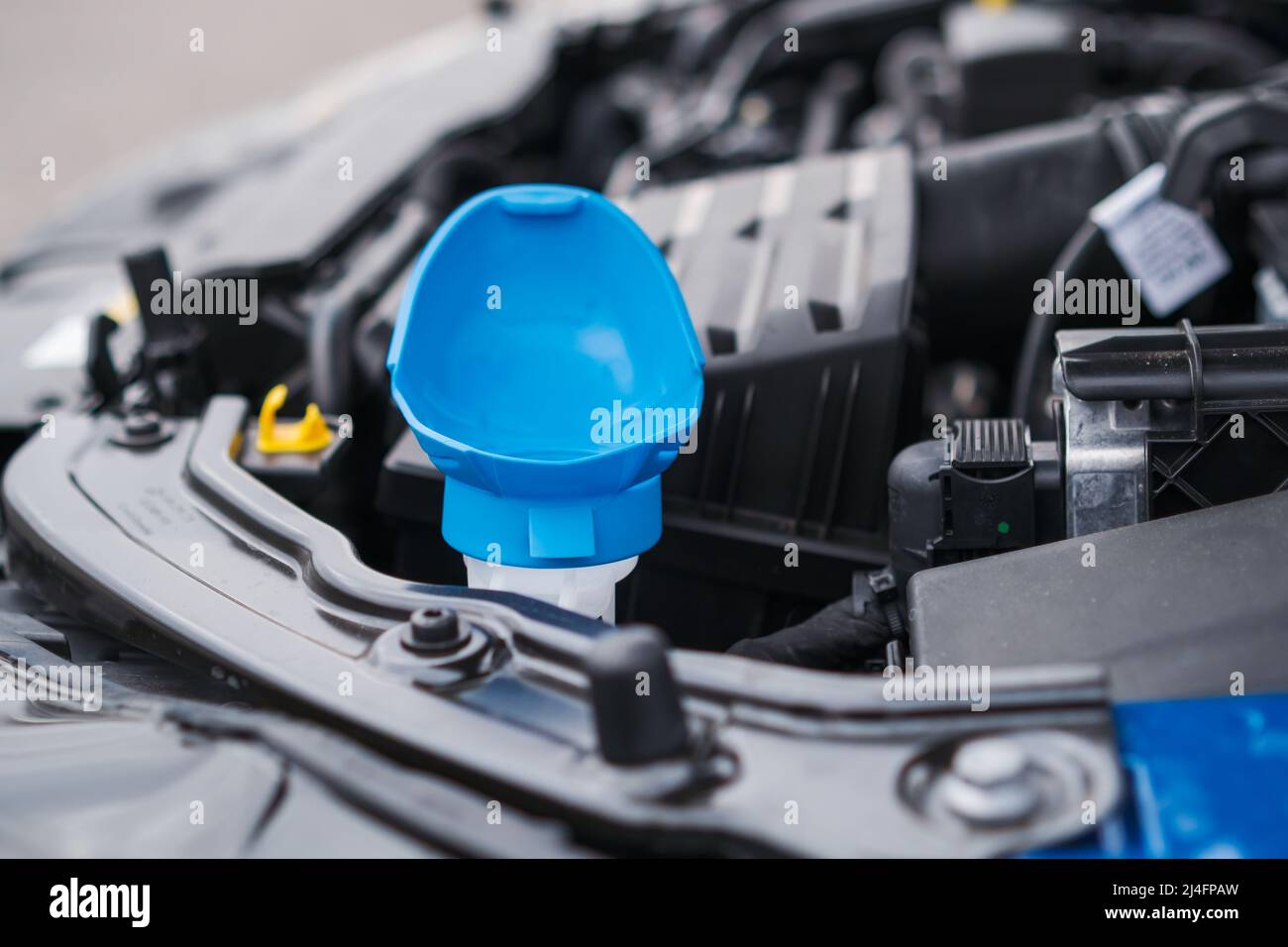 Blauer Deckel des Tanks für Scheibenwaschflüssigkeit, Nahaufnahme. Stockfoto