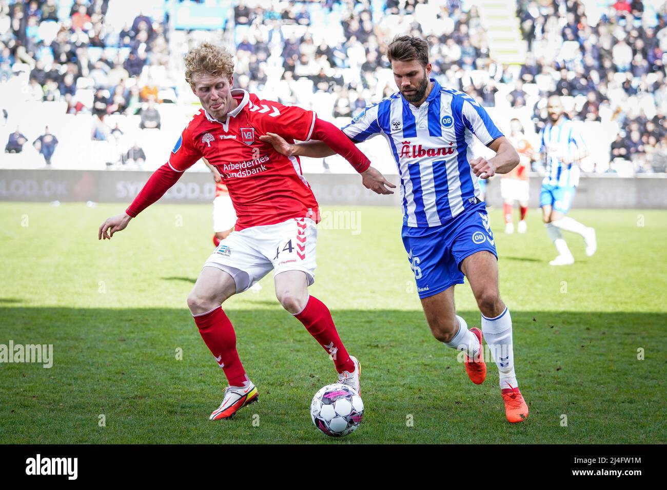 Odense, Dänemark. 14. April 2022. Jorgen Skjelvik (16) von ob und Tobias Molgaard (44) von Vejle Boldklub wurden während des Superliga-Spiels 3F zwischen Odense Boldklub und Vejle Boldklub im Nature Energy Park in Odense gesehen. (Foto: Gonzales Photo/Alamy Live News Stockfoto