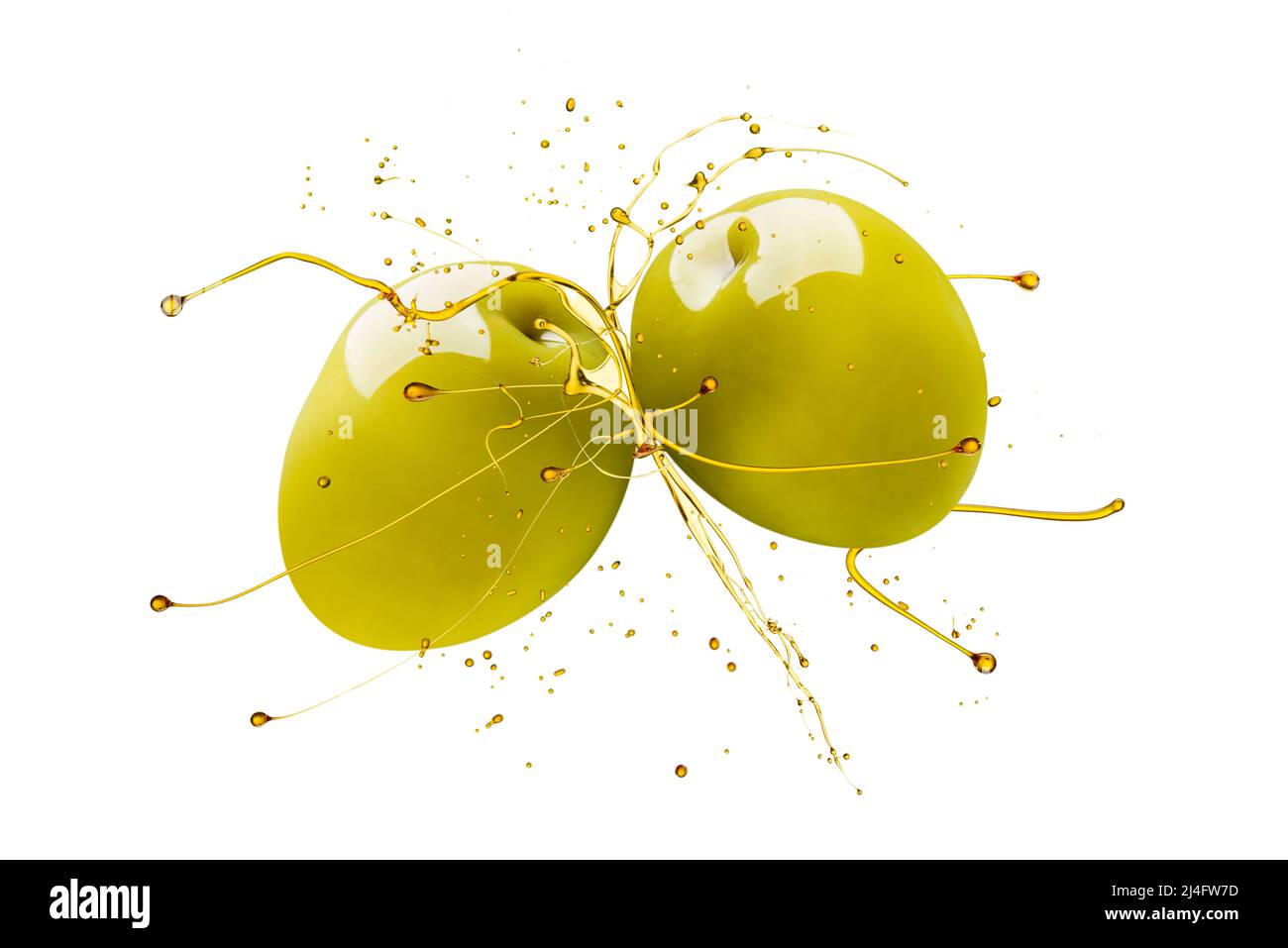 Große grüne Oliven kollidieren und spritzt Öl, isoliert auf weißem Hintergrund Stockfoto