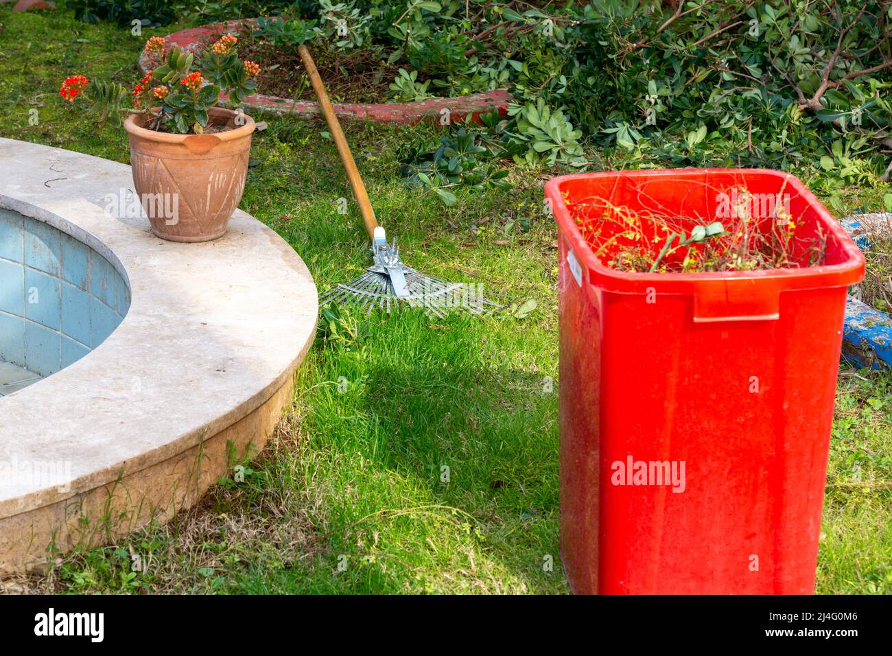 Roter Plastikmüll im Garten, Kalanchoe-Blumen in Töpfen, Gartenrechen und beschnitzte Buschzweige. Gartenarbeit und Frühlingskonzept. Stockfoto