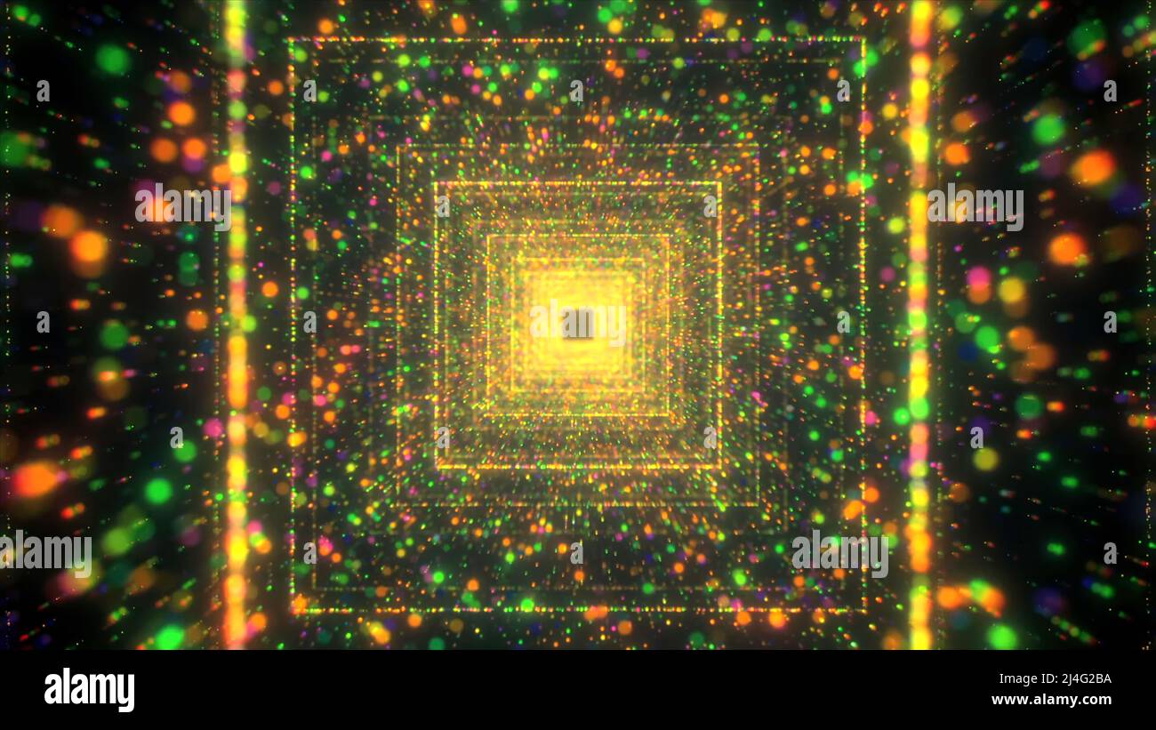Eine helle Abstraktion aus geometrischen Formen. Bewegung. Ein hellgrüner Hintergrund, der aus Quadraten besteht, die tief in den Tunnel führen. Stockfoto