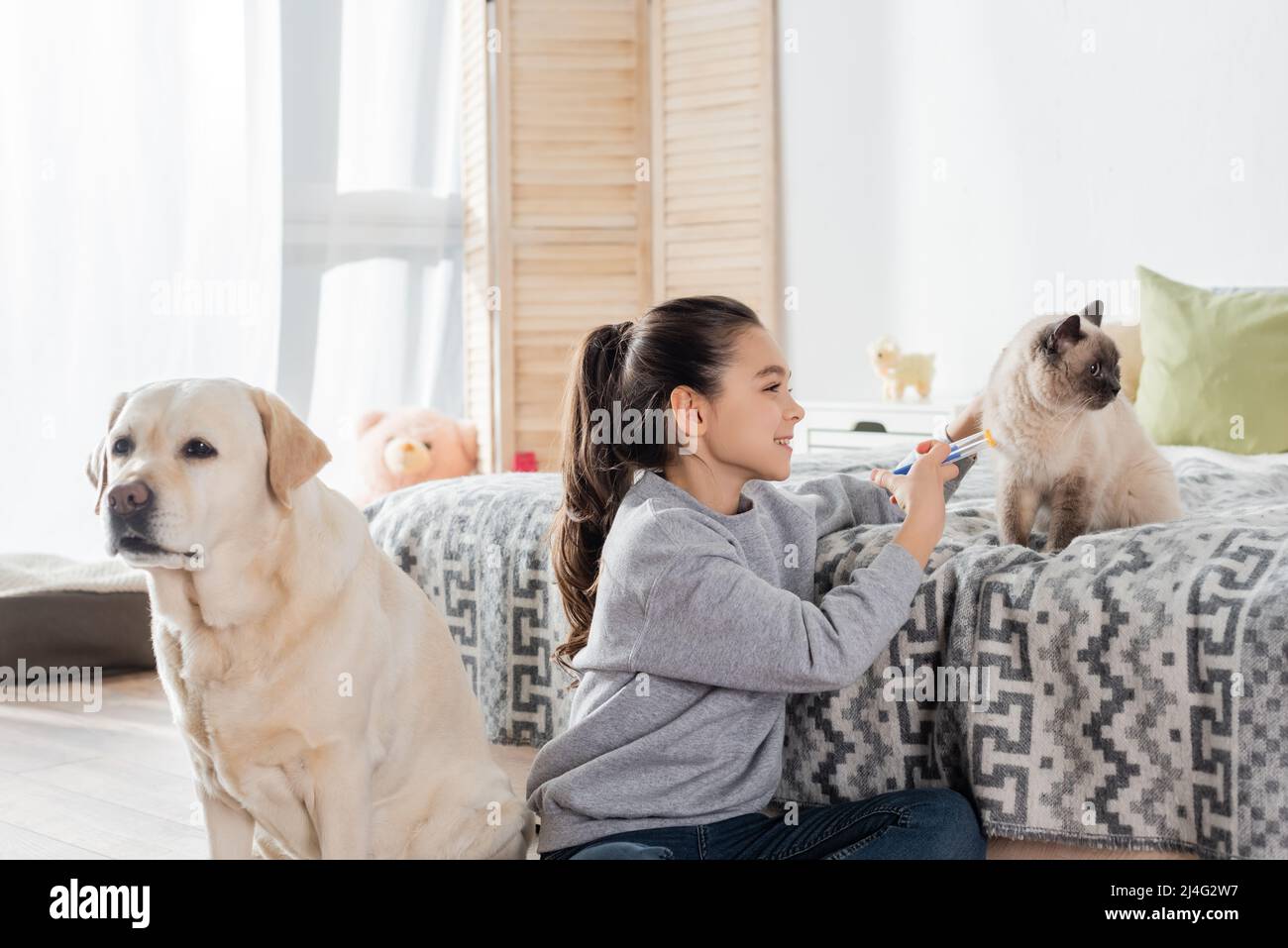 Fröhliches Mädchen macht Injektion mit Spielzeug Spritze zur Katze in der Nähe labrador Hund Stockfoto