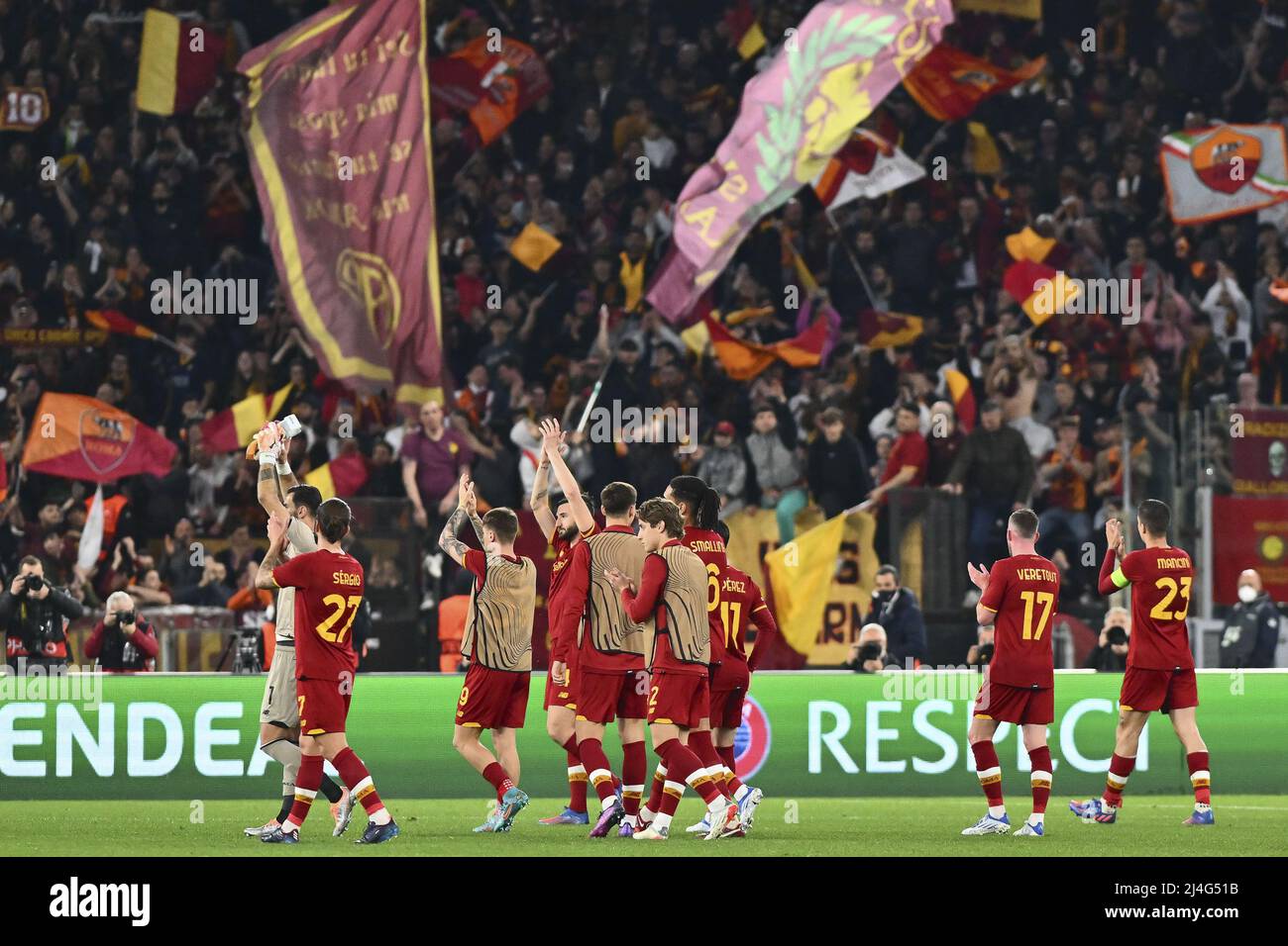 A.S. Roma Team während der Rückrunde des Viertelfinales der UEFA Conference League zwischen A.S. Roma und FK Bodo/Glimt im Stadio Olimpico am 13. Stockfoto